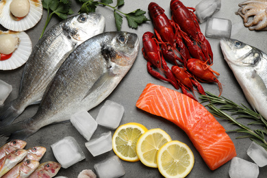 Fresh fish and seafood on grey table, flat lay