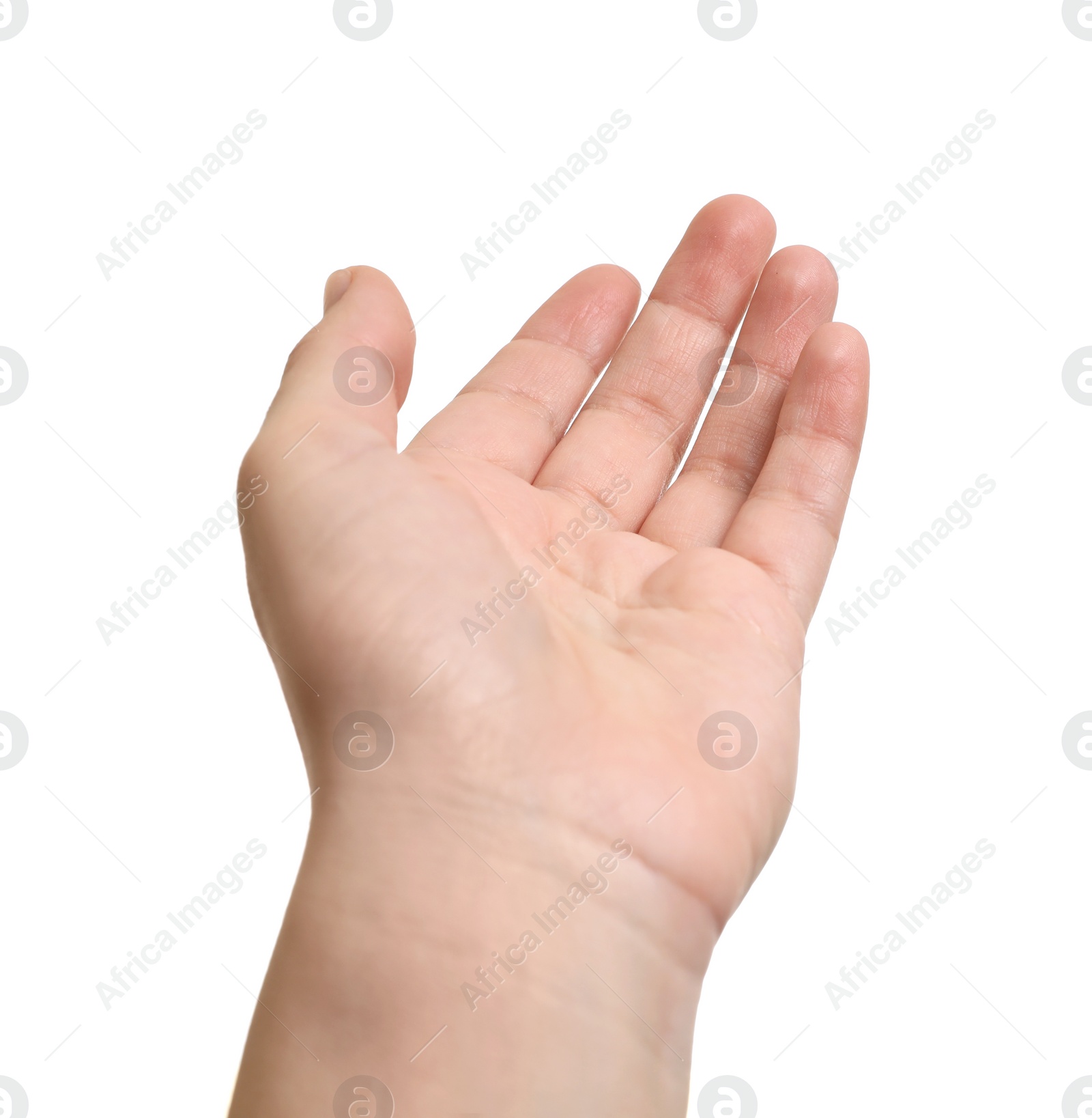 Photo of Woman holding something in hand on white background, closeup