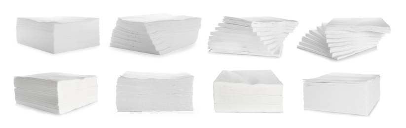 Image of Set with paper napkins on white background. Banner design