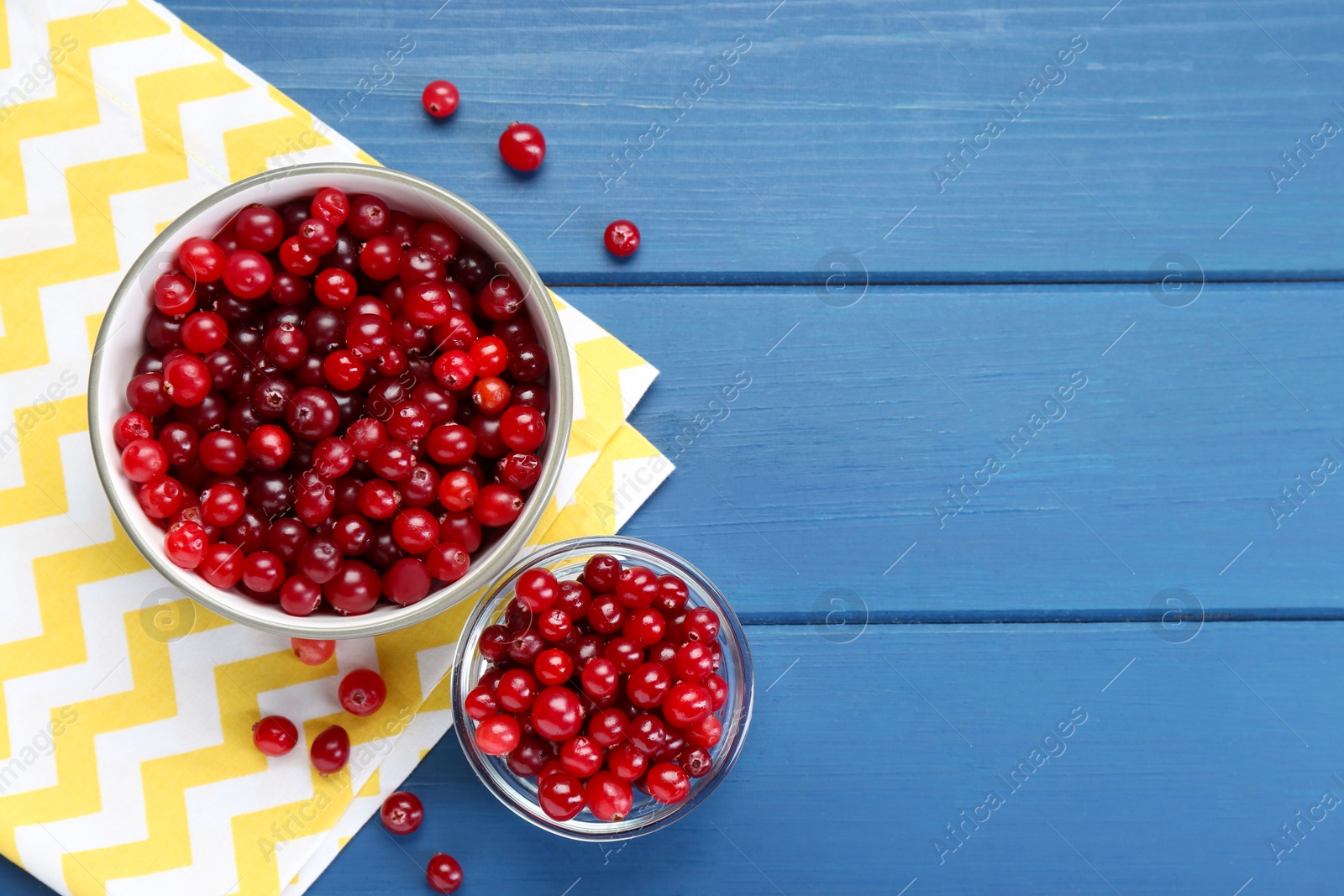 Photo of Fresh ripe cranberries in bowls on blue wooden table, top view. Space for text