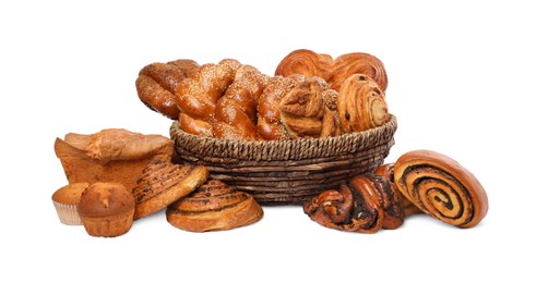 Many different tasty pastries isolated on white