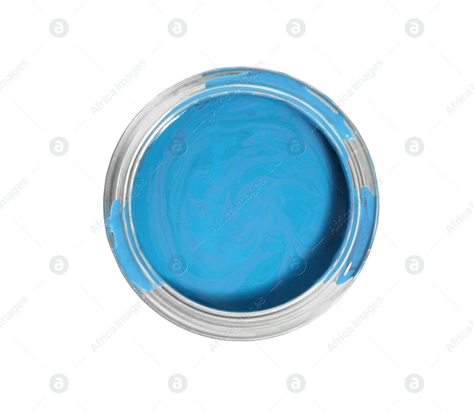 Photo of Can of blue paint on white background, top view