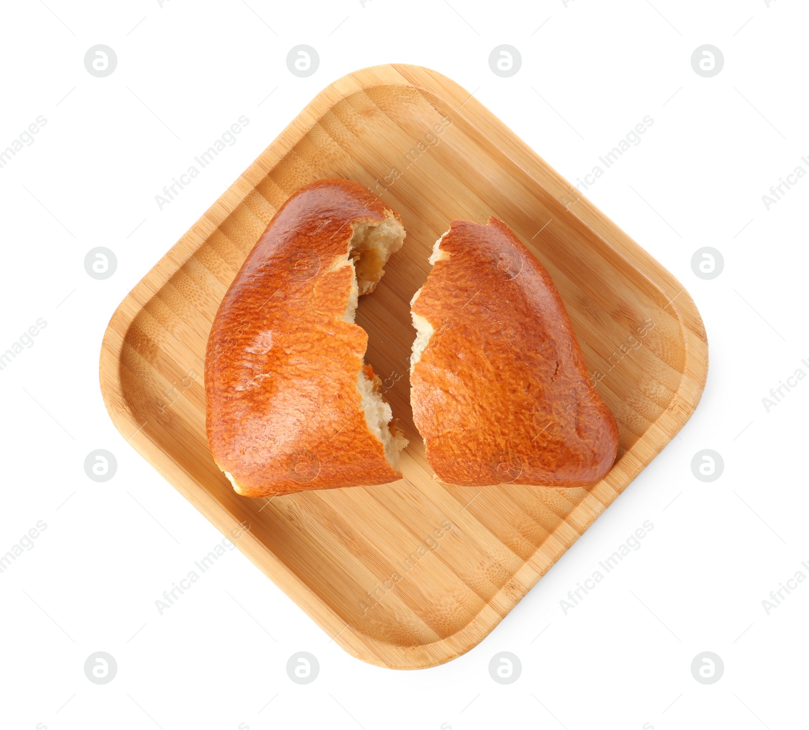 Photo of Delicious baked patty with cabbage on white background, top view