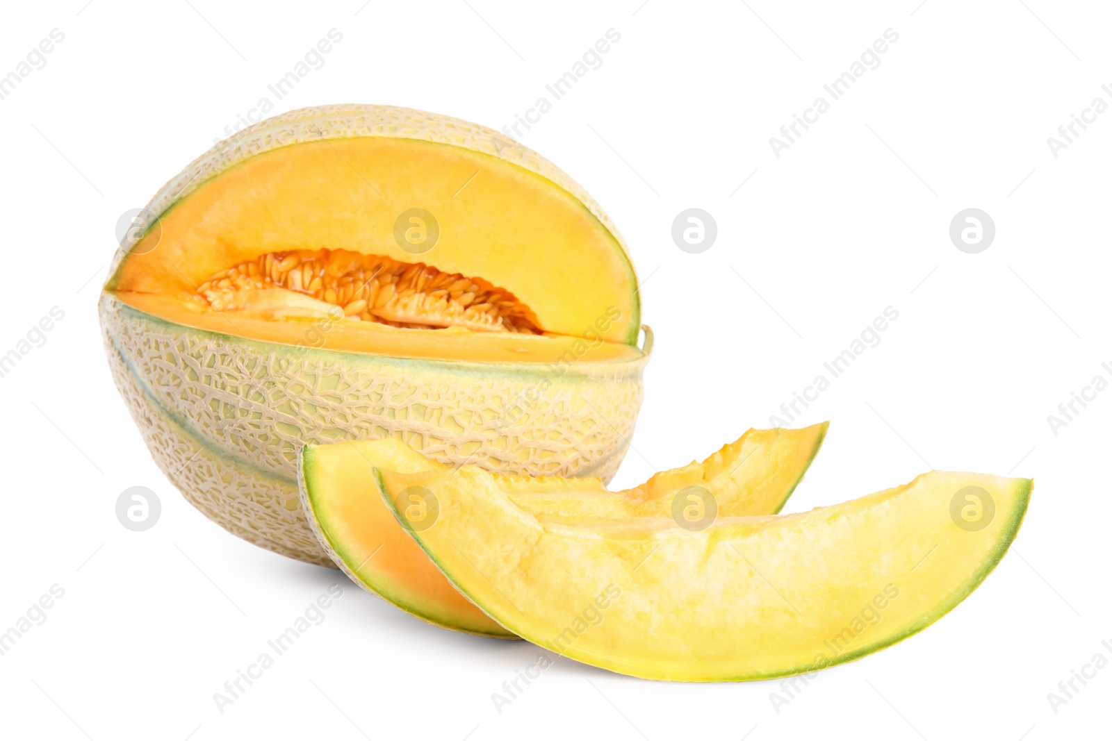Photo of Tasty fresh cut melon isolated on white