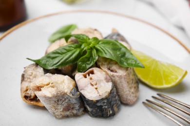Photo of Delicious canned mackerel chunks on plate, closeup