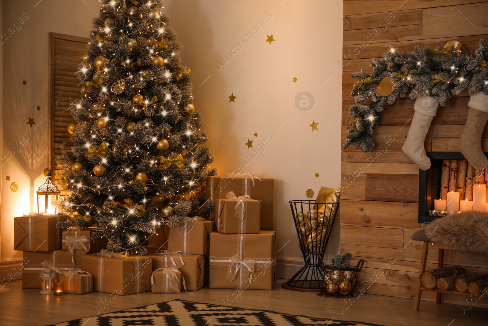 Photo of Stylish room interior with beautiful Christmas tree and gift boxes