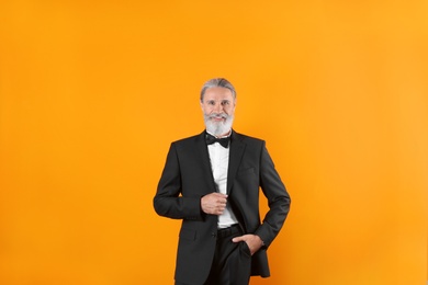 Handsome bearded mature man in suit on color background