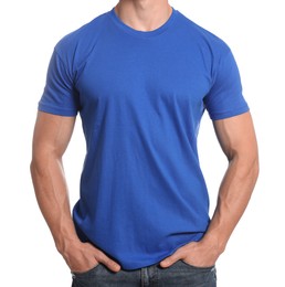 Man wearing blue t-shirt on white background, closeup. Mockup for design