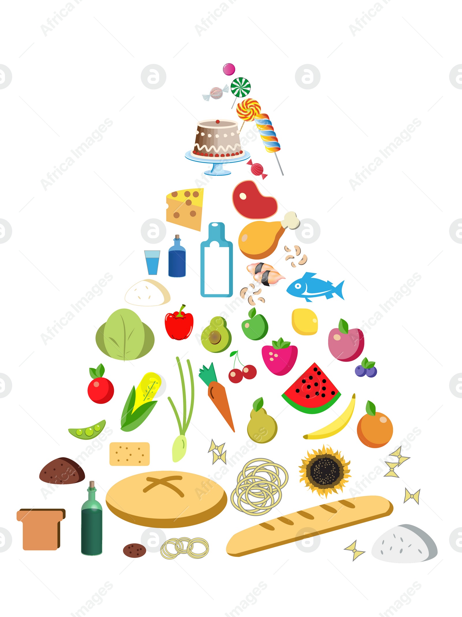 Illustration of  food pyramid on white background. Nutritionist's recommendations