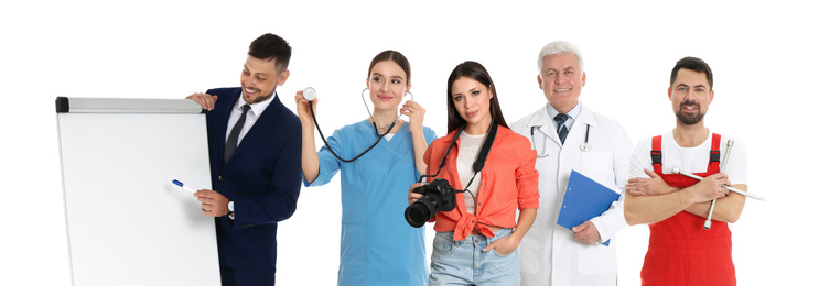 Career choice. People of different professions on white background, banner design