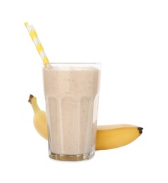 Photo of Glass with smoothie and banana on white background