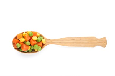 Mix of fresh vegetables in wooden spoon on white background, top view