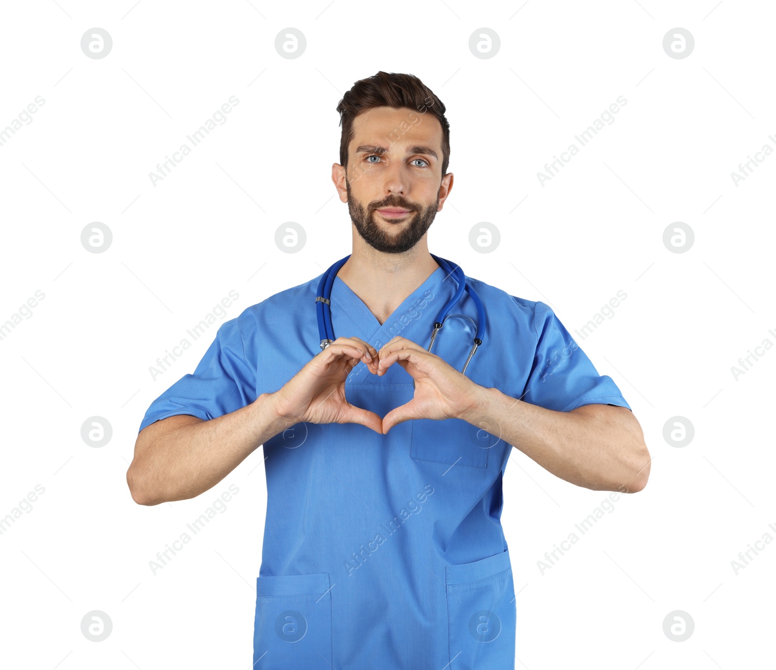 Photo of Doctor making heart with hands on white background