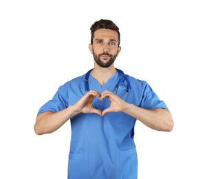 Doctor making heart with hands on white background