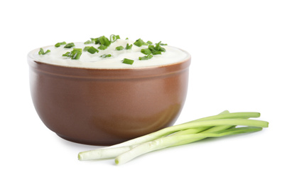 Photo of Fresh sour cream with onion on white background