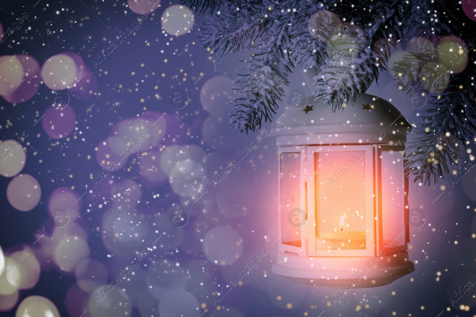 Image of Christmas lantern with candle hanging on fir tree branch, space for text. Magical atmosphere 