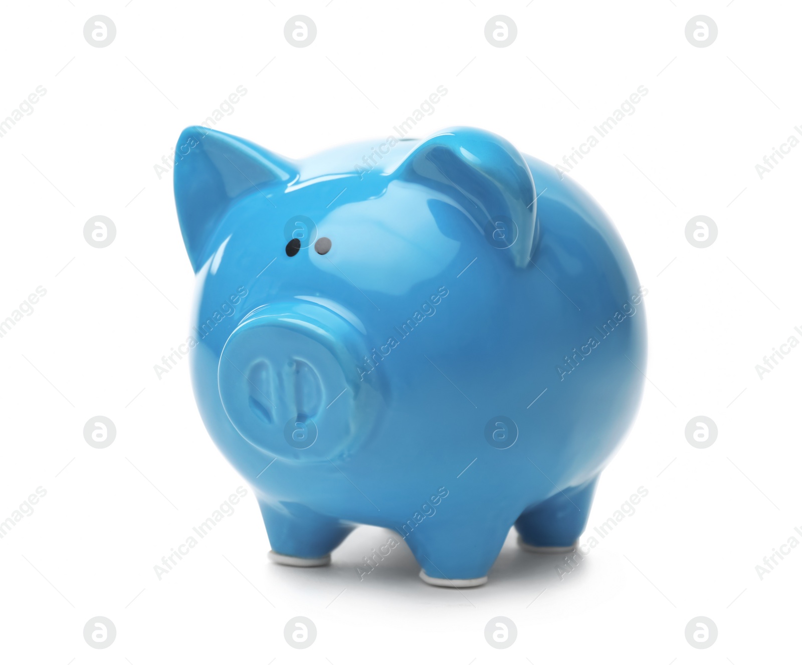 Photo of Blue piggy bank on white background. Money saving