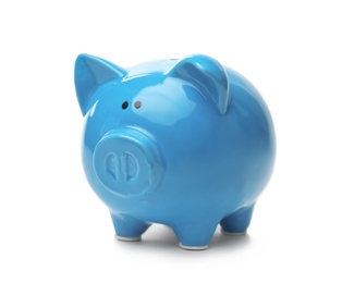 Photo of Blue piggy bank on white background. Money saving
