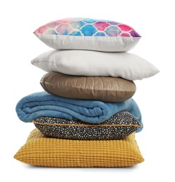 Photo of Stylish soft pillows and folded blanket on white background