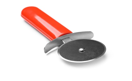 Photo of New pizza cutter with red handle isolated on white