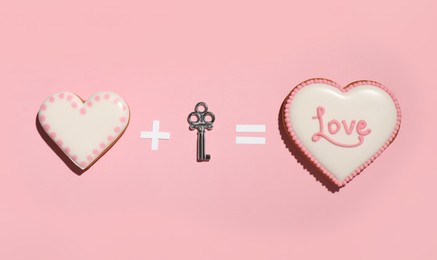 Photo of Composition with heart shaped gingerbreads and key for Valentine's day on pink background, flat lay