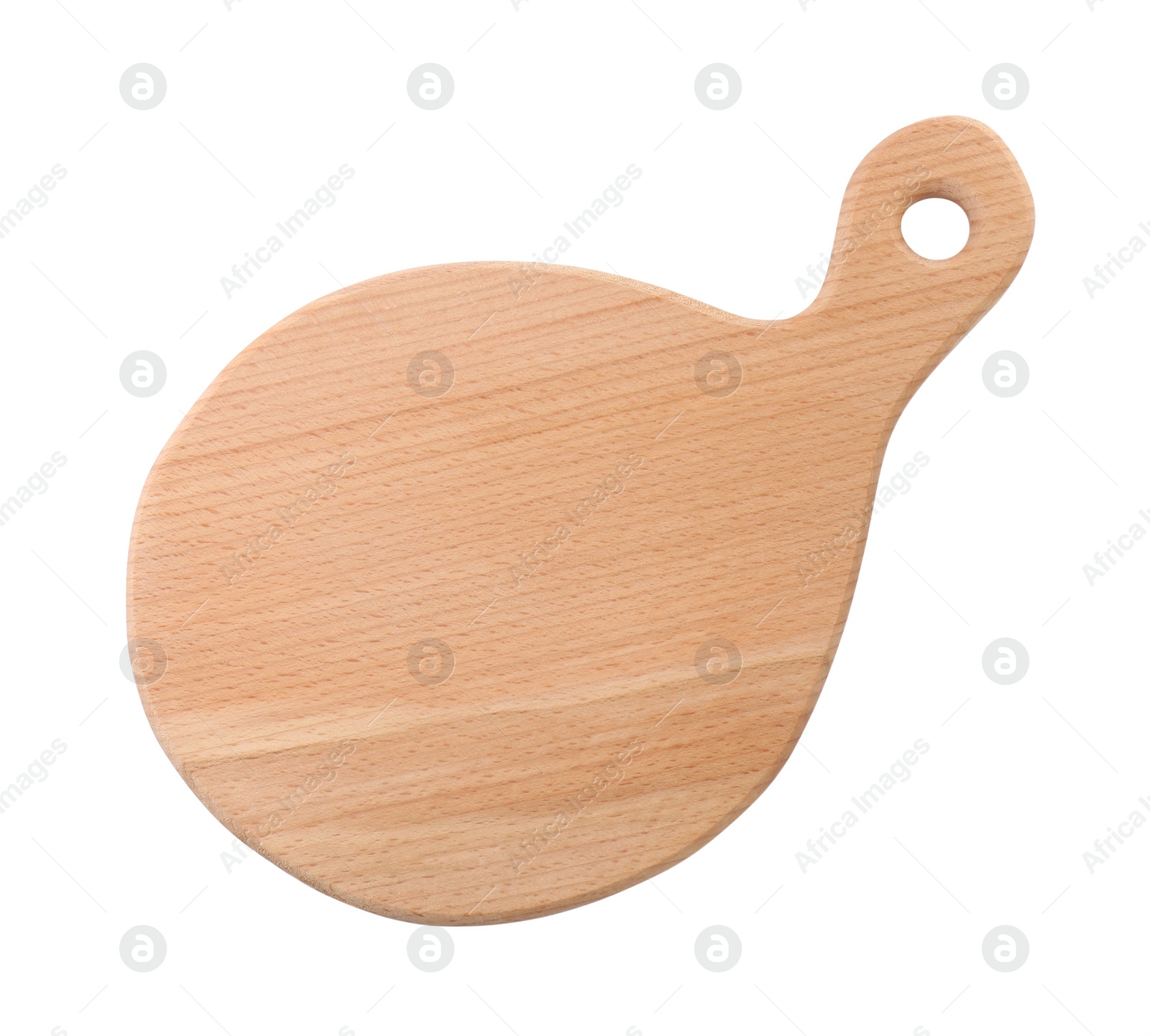 Photo of New wooden cutting board isolated on white, top view