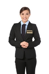 Portrait of female receptionist on white background