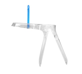 Photo of Vaginal speculum on white background, top view. Medical treatment