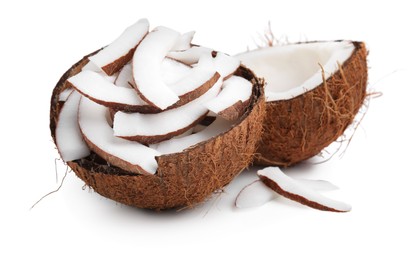 Photo of Pieces of fresh coconut isolated on white