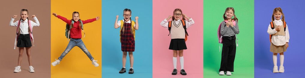 Happy schoolgirls with backpacks on color backgrounds, set of photos