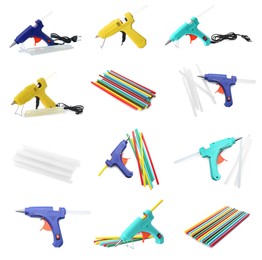 Image of Set with different glue guns with sticks on white background