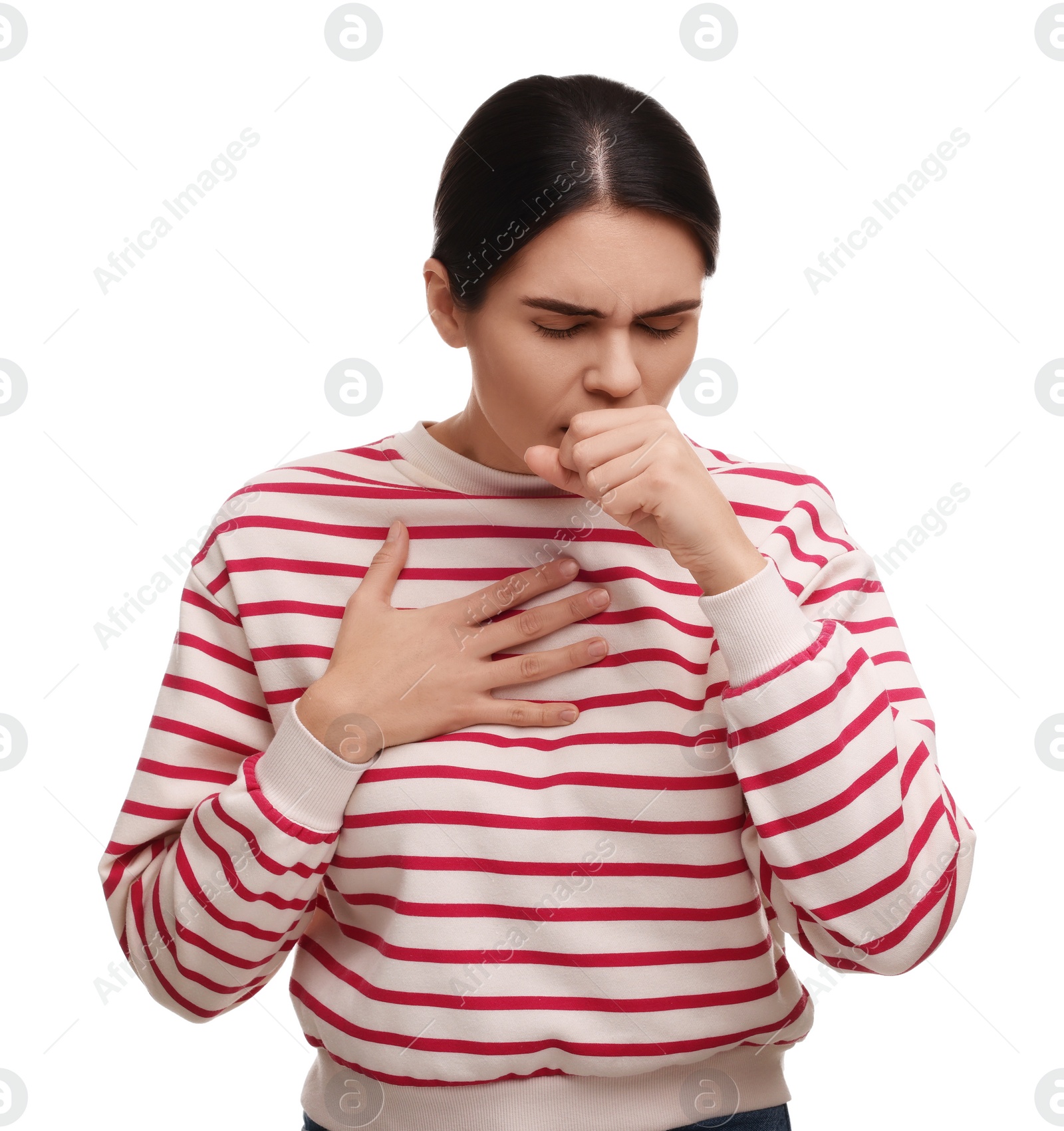 Photo of Woman coughing on white background. Cold symptoms