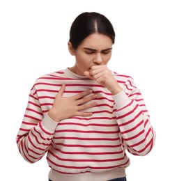 Photo of Woman coughing on white background. Cold symptoms