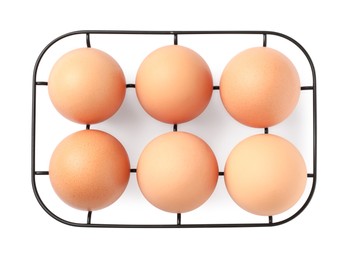 Metal egg tray on white background, top view