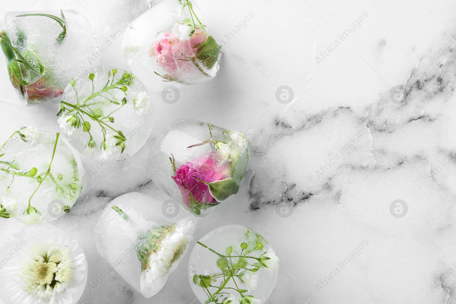 Photo of Ice cubes with flowers on marble background, flat lay. Space for text