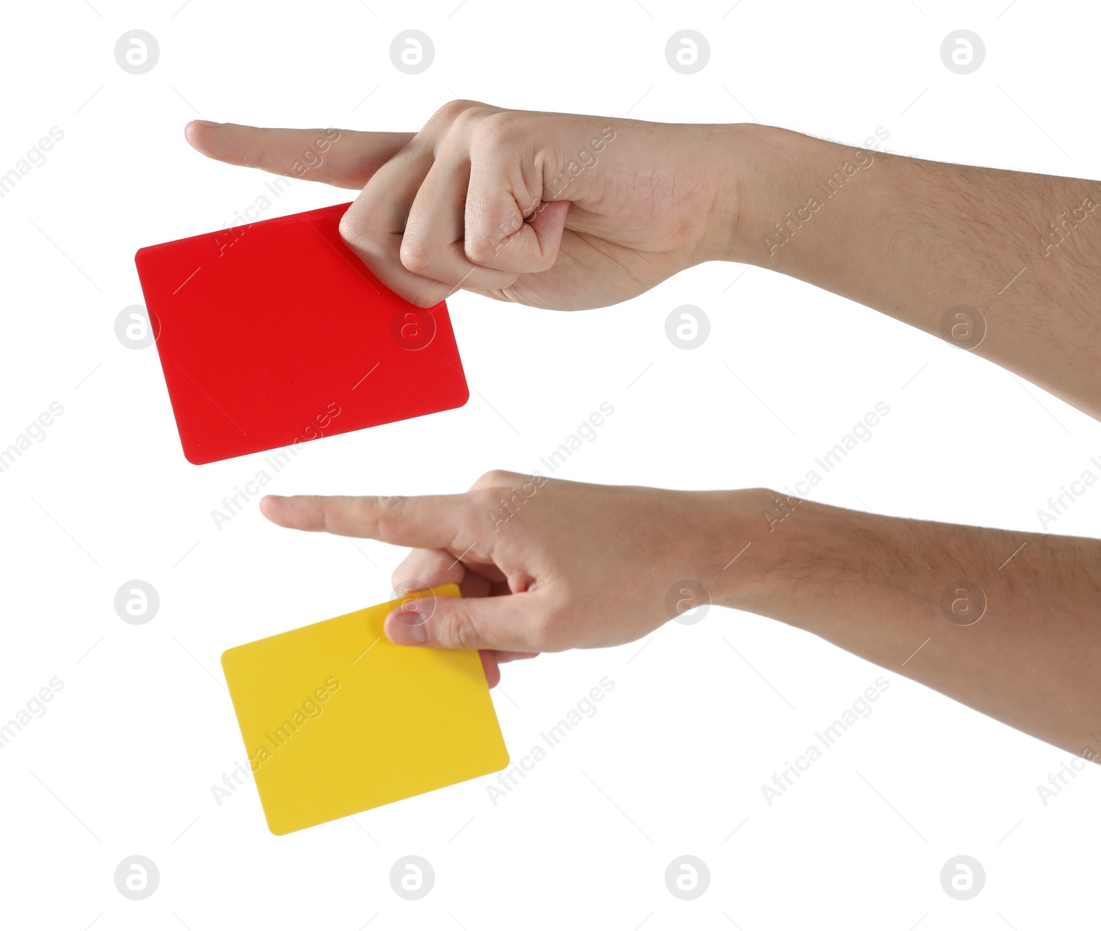 Photo of Referee holding cards and pointing on white background, closeup