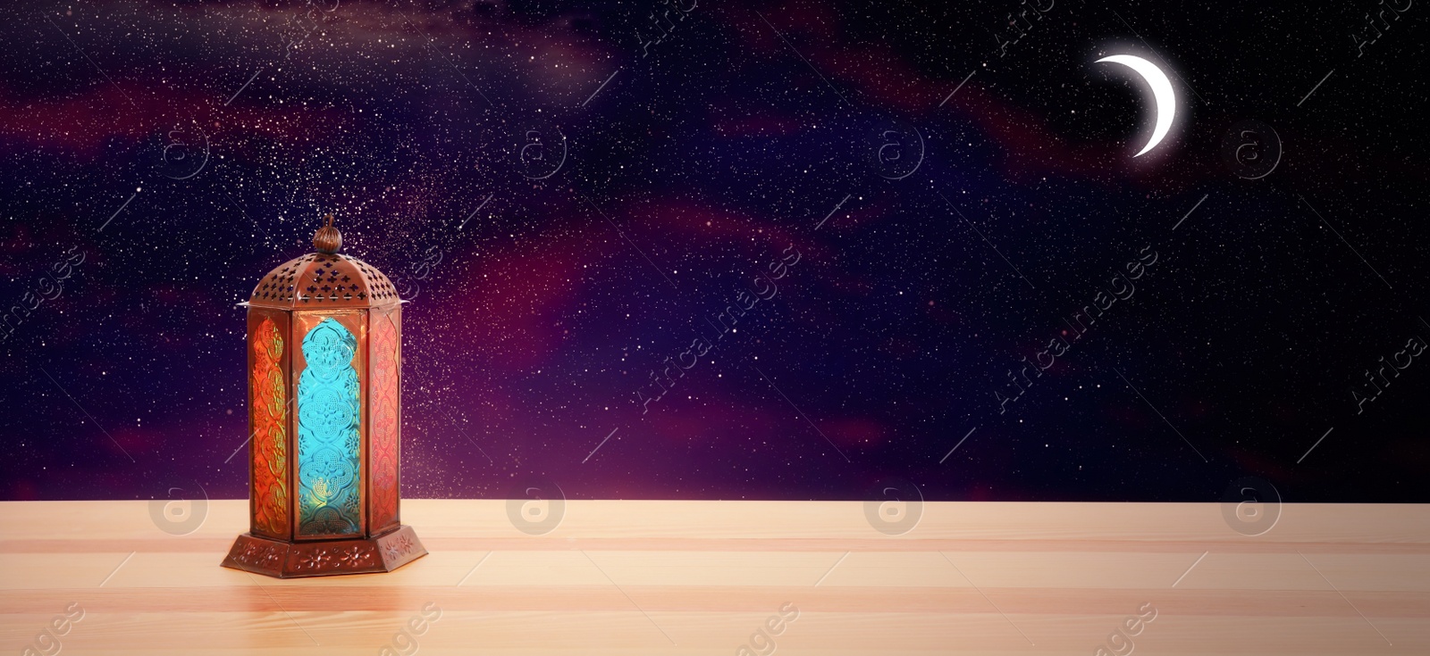 Image of Traditional Ramadan lantern on table, banner design. Muslim holiday