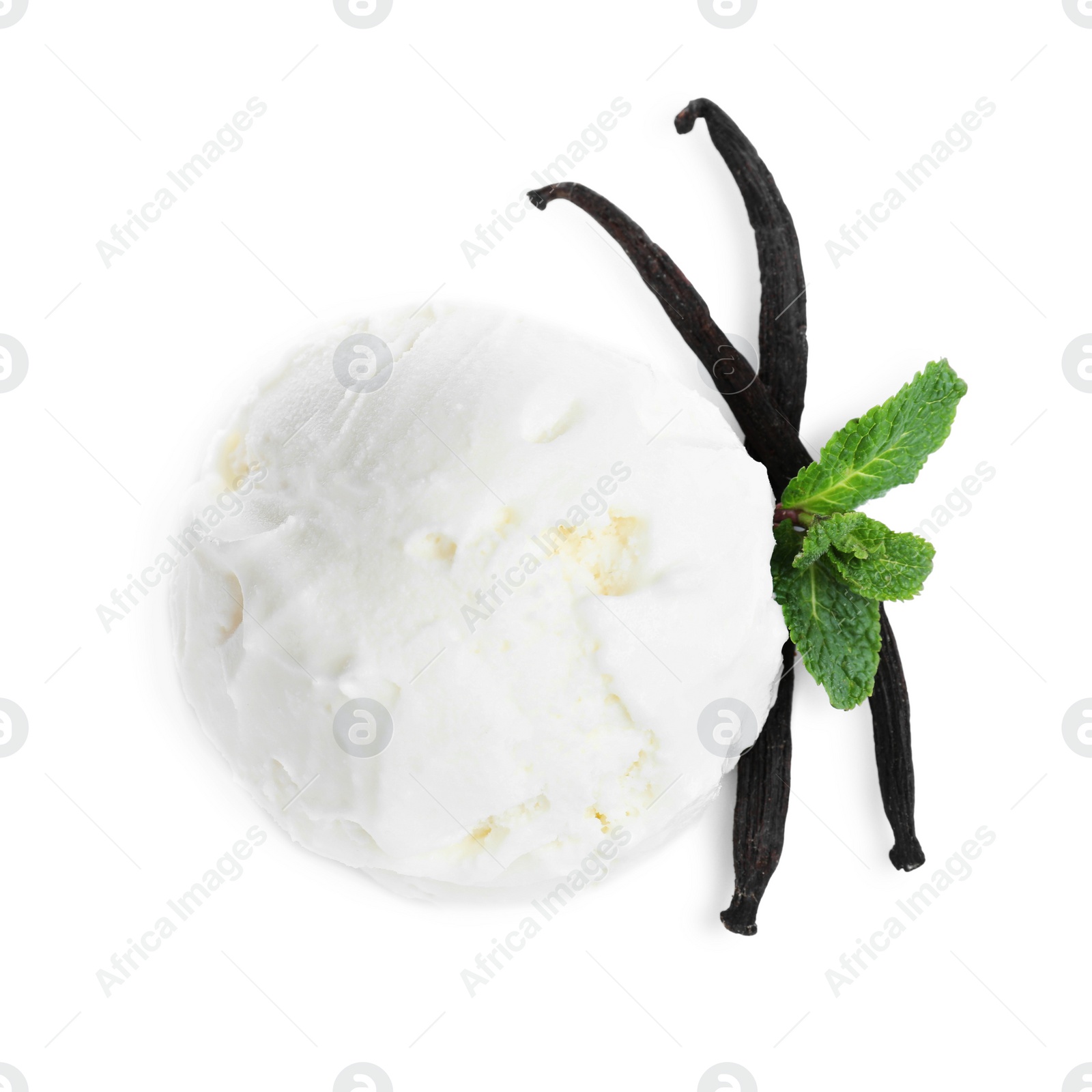 Photo of Scoop of delicious ice cream with vanilla and mint on white background, top view