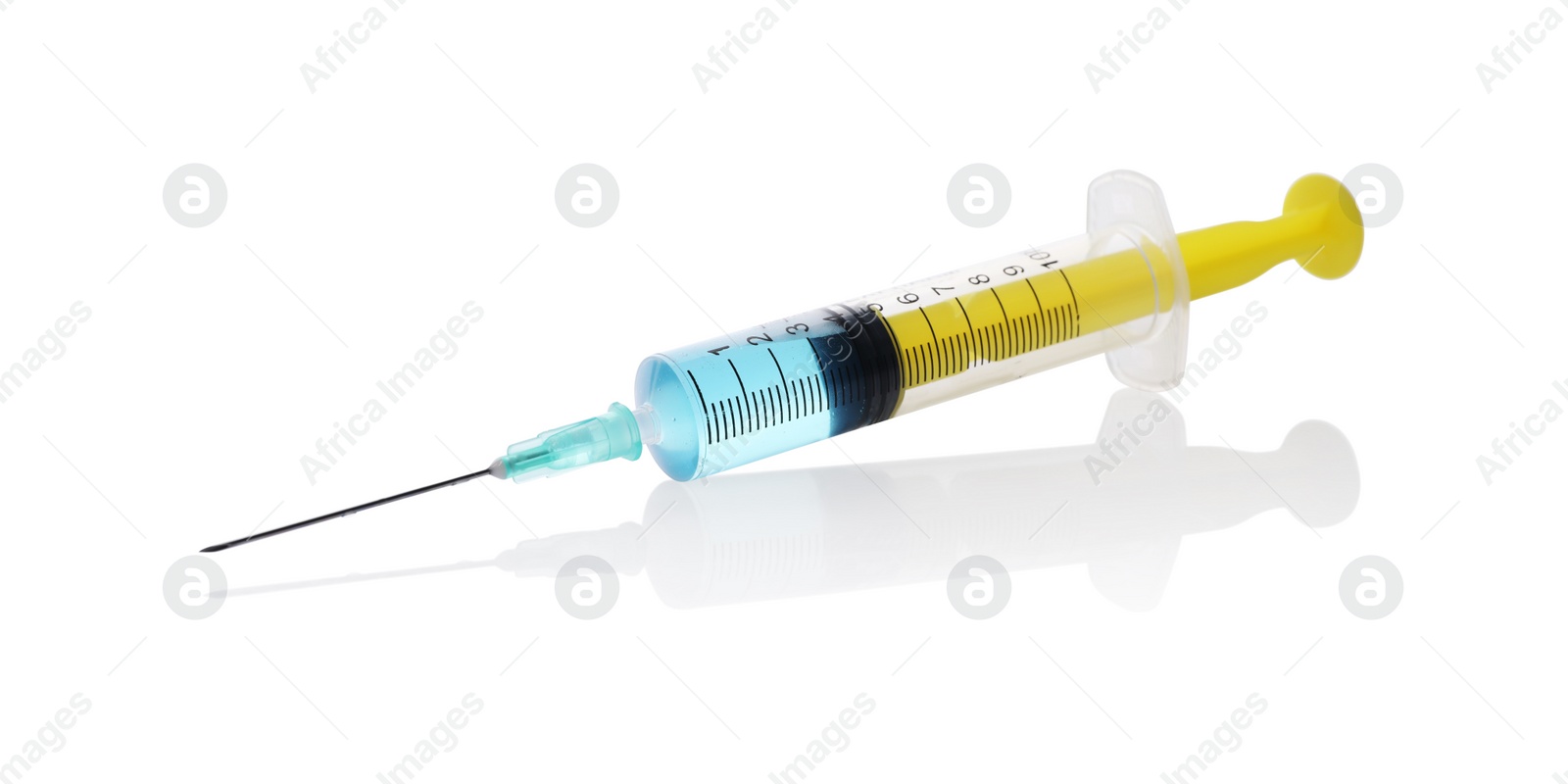 Photo of Disposable syringe with needle and medicine isolated on white