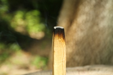 Photo of Smoldering palo santo stick outdoors, closeup view