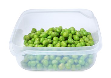 Photo of Fresh peas in plastic container isolated on white