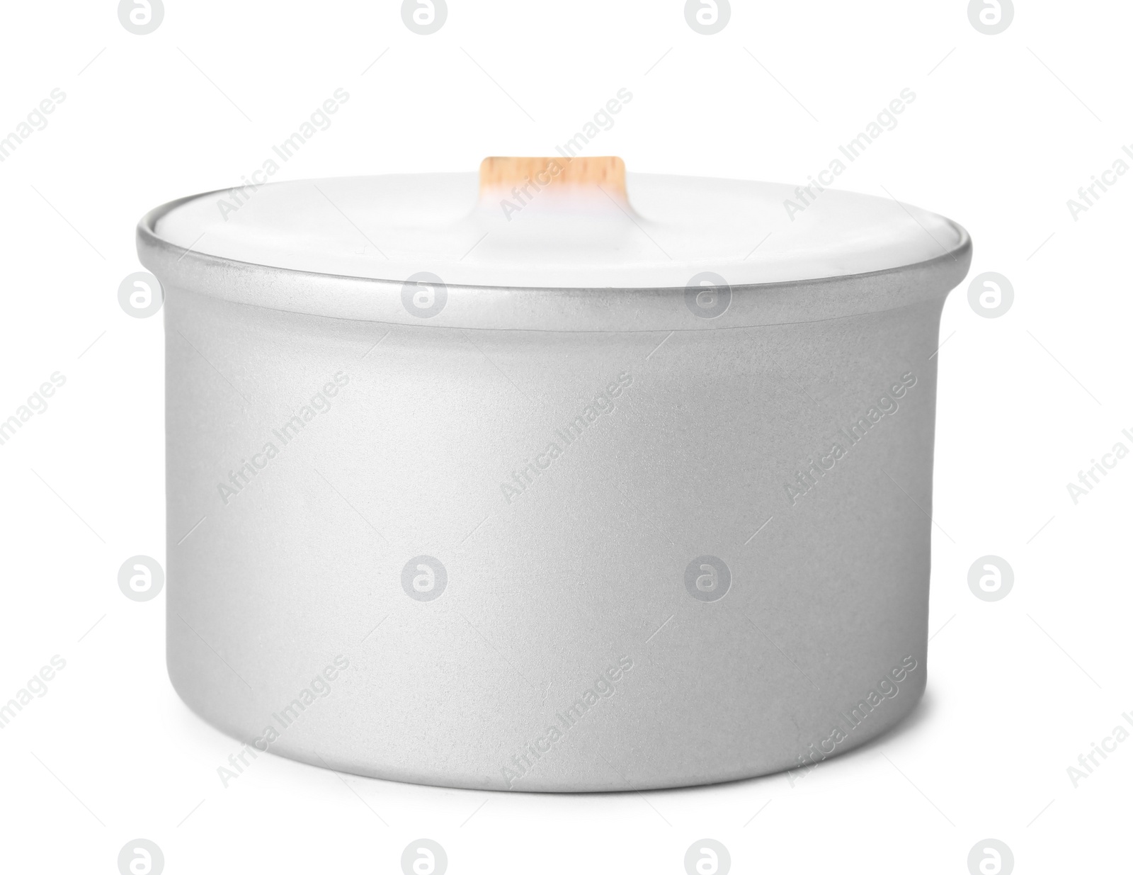 Photo of Beautiful candle with wooden wick isolated on white