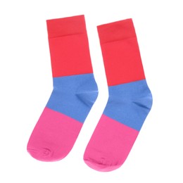 Photo of Colorful striped socks on white background, top view