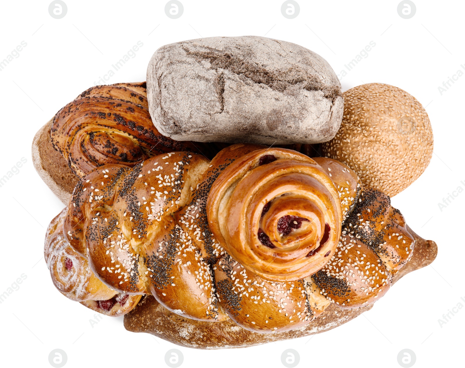 Photo of Fresh breads and pastries on white background, top view