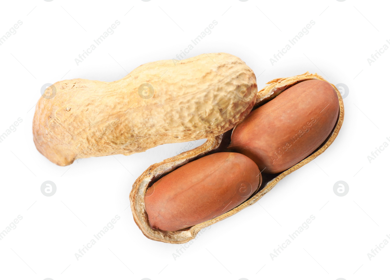 Photo of Raw peanuts in pod on white background, top view