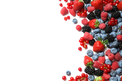 Photo of Mix of fresh berries on white background, flat lay