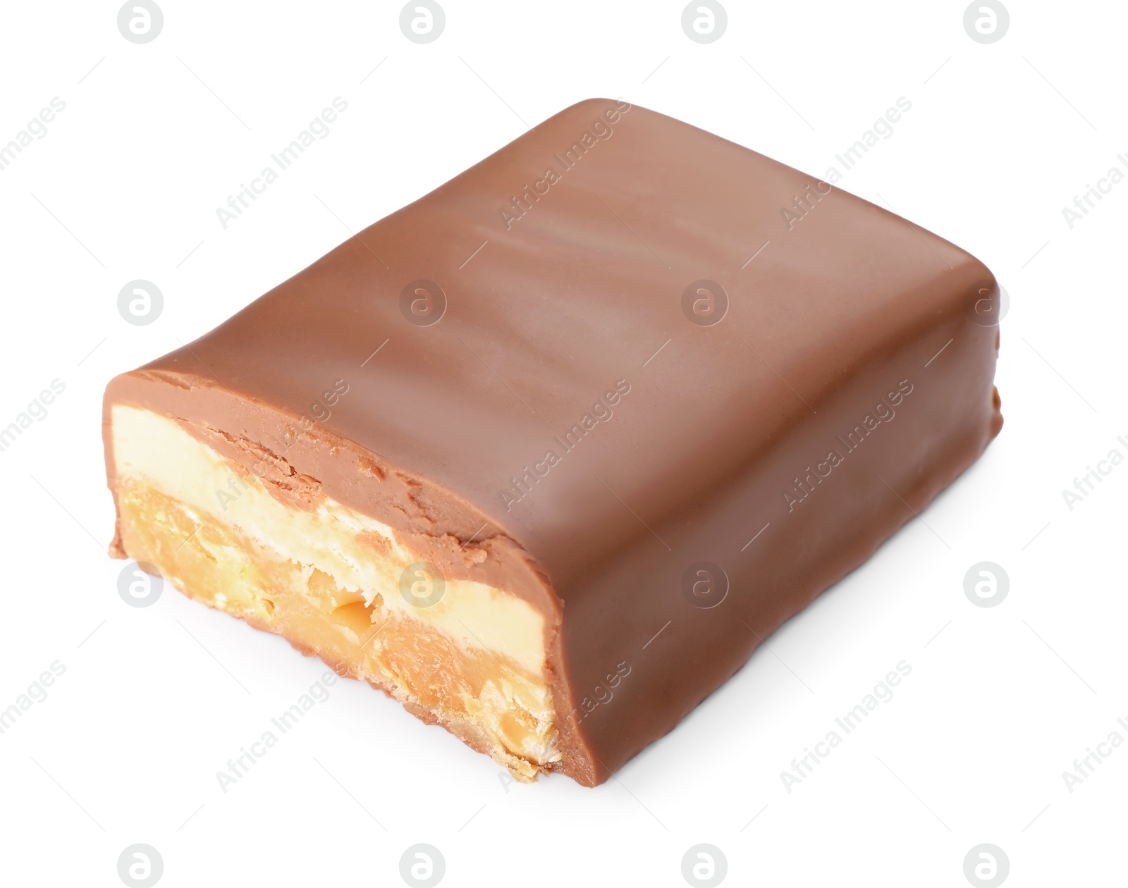 Photo of Piece of tasty chocolate bar with nougat and nuts isolated on white