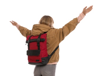 Photo of Woman with backpack on white background, back view. Winter travel