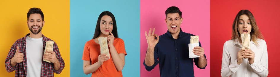 Collage with photos of happy people with tasty shawarmas on different color backgrounds. Banner design