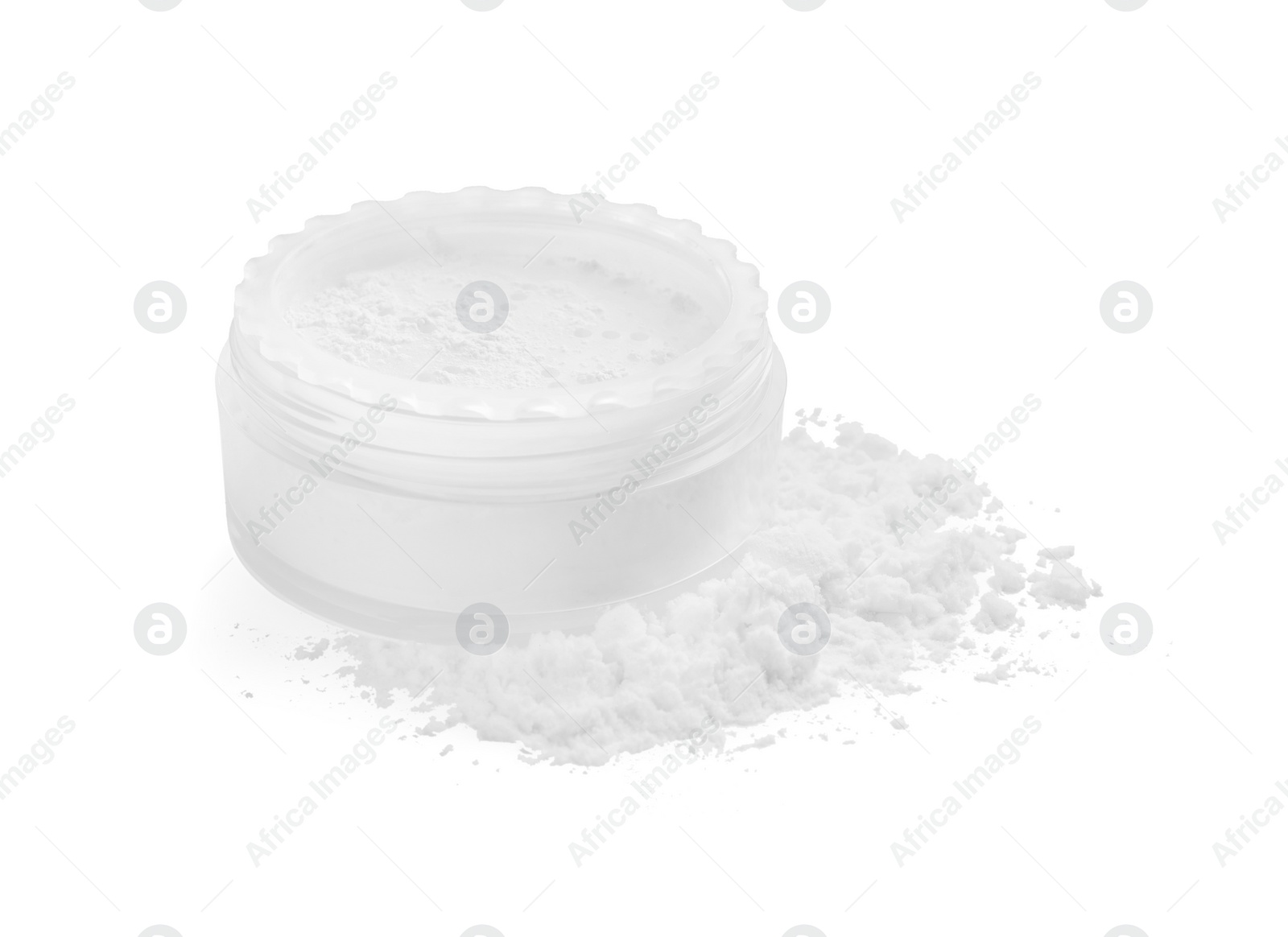 Photo of Rice face powder isolated on white. Natural cosmetic